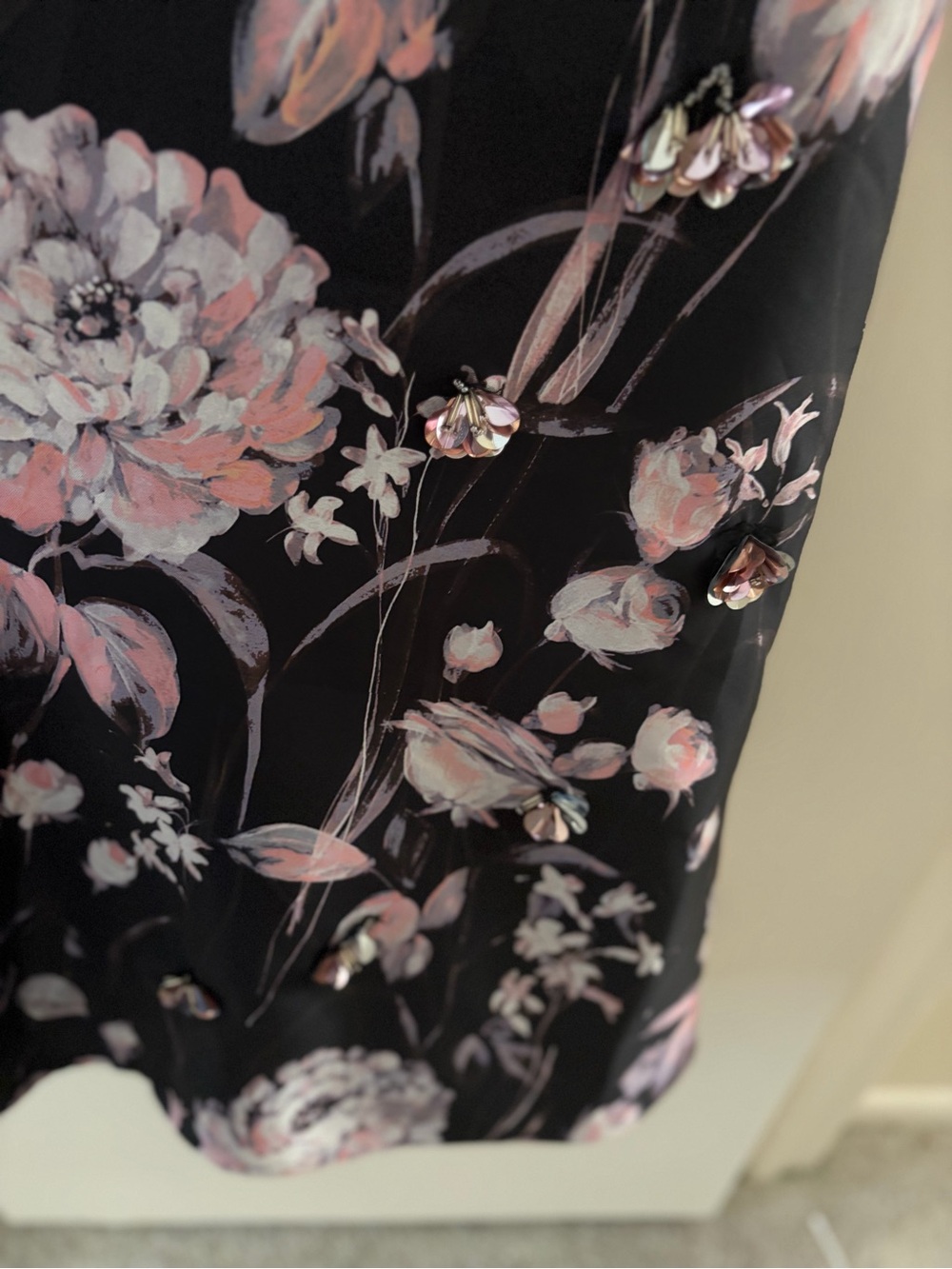 Theia Black V-Neck Long Sleeve Dress with Pink Floral Skirt - Picture 14 of 14